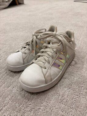 Adidas White Sneakers with Iridescent Holographic Stripes | Girls Youth